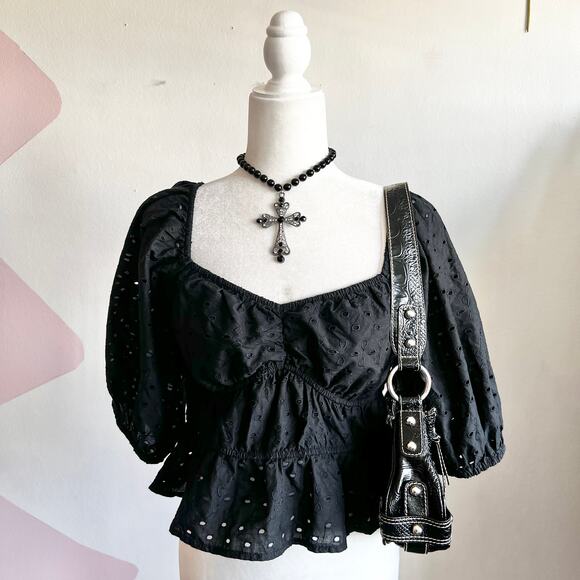 Black‎ Eyelet Babydoll Top, Cottagecore Soft Grunge Romantic Gothic Medium - Picture 1 of 6